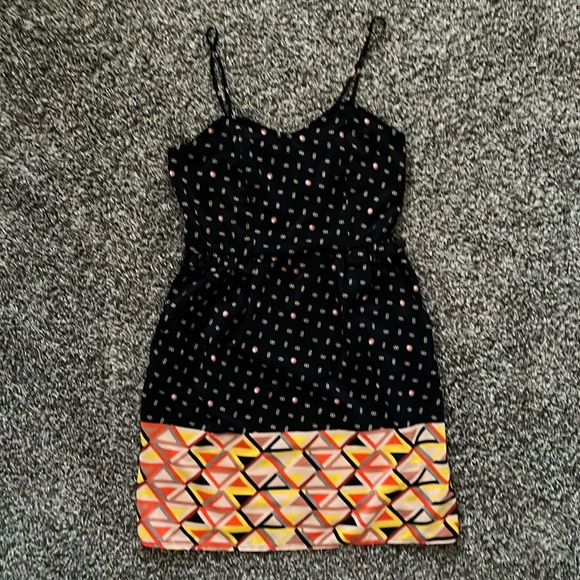 Xhilaration Black Orange Yellow Geometric Polka Dot Mini Sun Dress, Size Medium - Picture 1 of 14